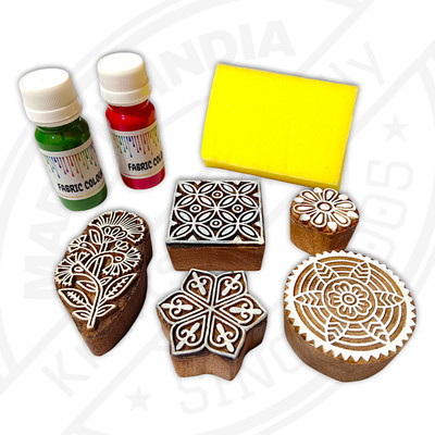 Krafts officially Wooden Printing Blocks with printing colours | Deep Carved| Premium Quality Printing Blocks(Pack of 8)