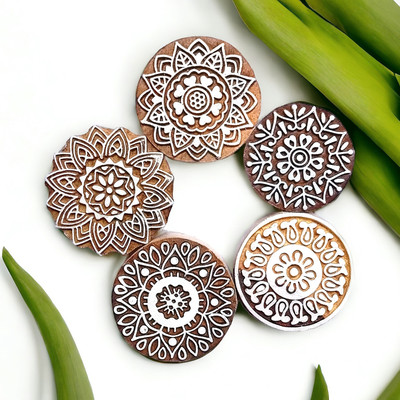 Kraftwala Wooden Round Stamps Traditional Deep Carved Fabric Printing Blocks(Pack of 5)
