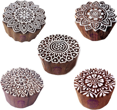 Royal Kraft Beautiful Round wooden printing blocks | K63909 | Deep carved stamps Printing Blocks(Pack of 5)