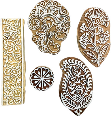 Kraftwala Wooden Stamp Textile Fabric Printing Paper Art Craft Printing Blocks(Pack of 5)