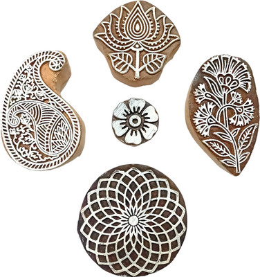 Kraftwala Traditional Wooden Carved Printing Stamps DIY Multi Art Craft Printing Blocks(Pack of 5)