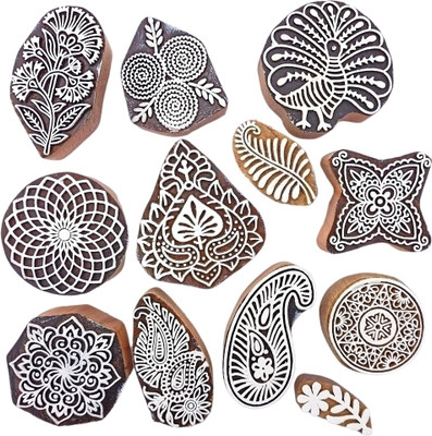 Kraftwala Wooden Art Craft Textile Fabric Printing DIY Scrapbooking Deep Carved Printing Blocks(Pack of 12)
