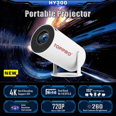 TOPPRO HY300 4K Support Native 720P Android 11 Wifi BT Freestyle Auto Keystone (4500 lm / 1 Speaker / Wireless / Remote Controller) Portable Projector(White)