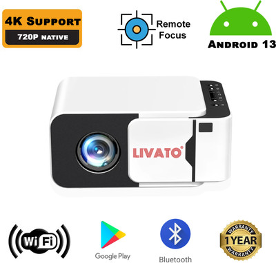 Livato T5 Android 13 4K Support Native 720P Remote Focus Wifi/Bluetooth/Auto Keystone (5000 lm / 1 Speaker / Wireless / Remote Controller) Portable Projector(White)