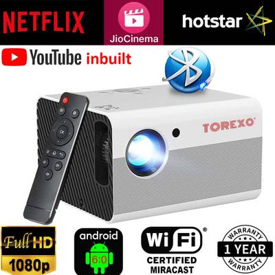 Torexo Sales T10 FullHD 1920*1080P Android Projector, 200" Inch Large Display, WiFi, AV/TV, USB, HDMI, Miracast, Inbuilt YouTube Home Cinema (5000 lm / 1 Speaker / Wireless / Remote Controller) Portable Projector  (White, Black)