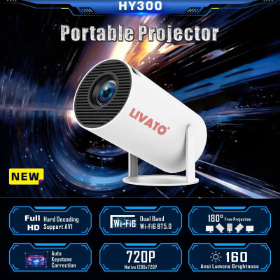 Livato HY300 Full HD Native 720P Support Android 11 Wifi BT Freestyle Auto Keystone (4500 lm / 1 Speaker / Wireless / Remote Controller) Portable Projector(White)