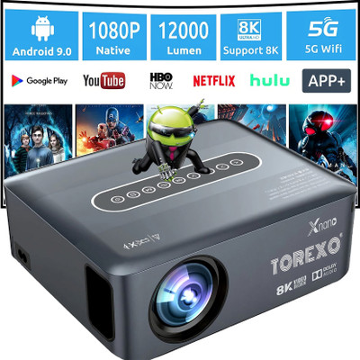 Torexo Sales X1 FullHD Projector 8k Support Android 9.0 (300 ANSI) LED Projector with Bag (12000 lm / 1 Speaker / Wireless / Remote Controller) Portable Projector(Grey)