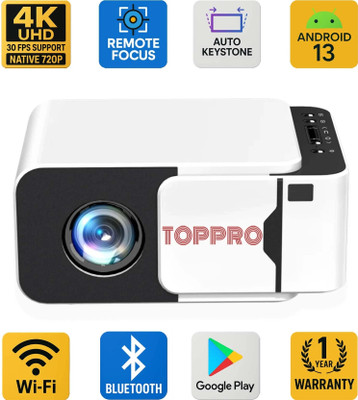 TOPPRO T5 Mini 4K Support Native HD Android 13 WiFi/BT 6.0 Auto Keystone with Miracast (5500 lm / 1 Speaker / Wireless / Remote Controller) Portable Projector(White)