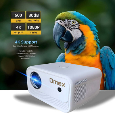 Omex 4K Decoding Android Wifi6 BT 5.0 Short Throw 9000 Lumens (600 Ansi) Dolby (9500 lm / 2 Speaker / Wireless / Remote Controller) Portable Projector(Light White)
