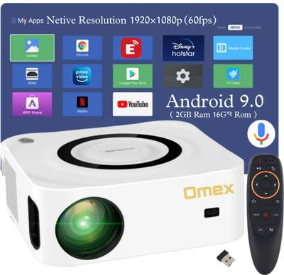 Omex 6500LM Android 9.0 Smart Projector 5G Wi-Fi BT 1920×1080p ( 60fps) Voice Search (6500 lm / Wireless / Remote Controller) Portable Projector