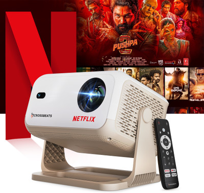 CrossBeats Lume Flix[Netflix Official License]4k Ultra HD,1080p Native,Smart Mini for Room (16000 lm / 1 Speaker / Wireless / Remote Controller) Portable with Home Cinema, Built-in Apps, 300”Display Projector(Cream Silk)