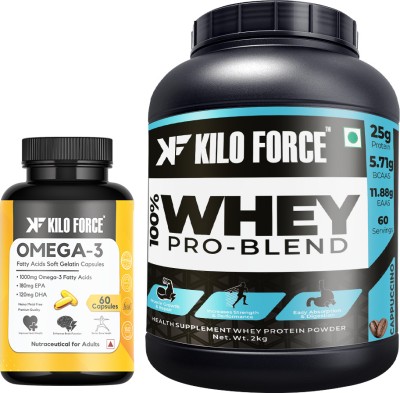 KILOFORCE WHEY PROTEIN ISOLATE & Omega 3 Fish Oil 1000mg High Strength Capsule Combo Pack Whey Protein(2 kg, Cappuccino + Fish Oil)