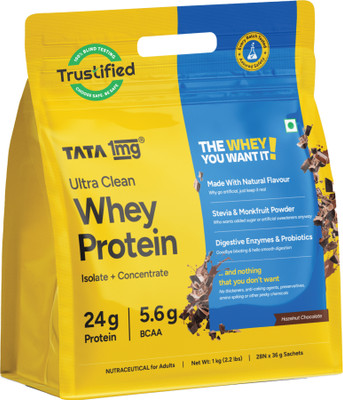 TATA 1mg Ultra Clean Whey Protein Isolate + Concentrate|24g Protein|Lab-Tested|28 sachets Whey Protein(1 kg, Hazelnut Chocolate)