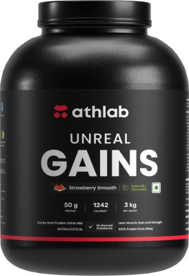 Athlab Unreal Gains, Organic Tapioca, Naturally Flavoured & Sweetened with Monk Fruit - Weight Gainers/Mass Gainers(3 kg, Strawberry Smooth)