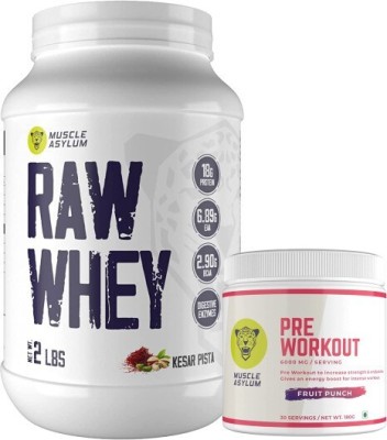 Muscle Asylum Raw Whey Protein Concentrate- 18g per serving, 1kg & Pre Work Out 180g Whey Protein(1.18 kg, Kesar Pista)