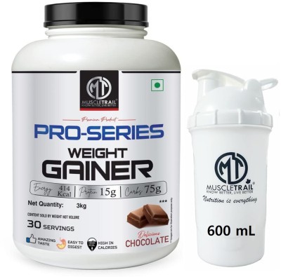 Muscle Trail Pro Series Weight Gainer with BPA free White Plastic Shaker (Combo Pack) Weight Gainers/Mass Gainers(3 kg, 600 ml, Chocolate)