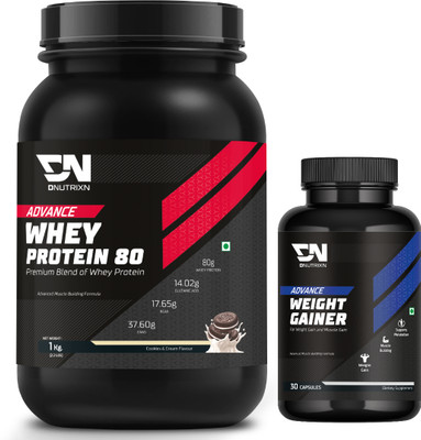 DNUTRIXN Advance Whey Protein 80 + Weight Gainer Capsules Combo Pack Whey Protein(1 kg, 30 Capsules, Cookies & Cream)