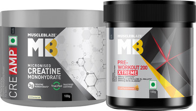 MUSCLEBLAZE Pre Workout 200 Xtreme Powder & Micronised Creatine Monohydrate CreAMP Creatine(200 g, Unflavoured + Fruit Punch)
