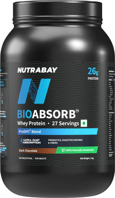Nutrabay BioAbsorb Whey Protein | India's 1st Fast Absorbing Whey with ProDiFi Blend Whey Protein(1000 g, Dark Chocolate (Naturally Sweetened))