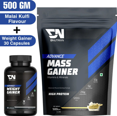 DNUTRIXN Advance Mass Gainer with High Protein &Calories |Digestive Enzyme + Weight Gainers/Mass Gainers(500 g, 30 Capsules, Malai Kulfi)