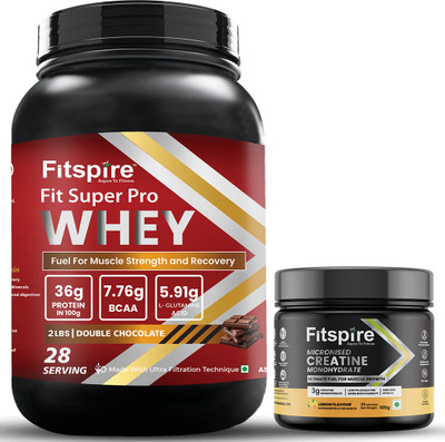 Fitspire Fit Super Pro Whey Protein Double Chocolate & Creatine Monohydrate Powder Lemon Whey Protein(1000 g, Double Chocolate, Lemon)