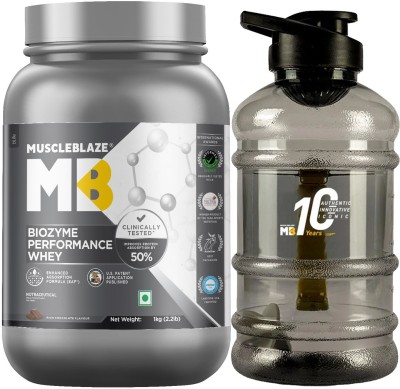 MUSCLEBLAZE Biozyme Performance with 1.5 Litre Gallon Water Bottle Whey Protein(1 kg, Rich Chocolate)