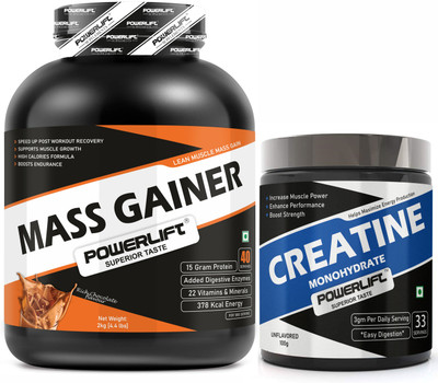 POWERLIFT Mass Gainer 2kg with Creatine Unflavoured 100gm Combo Pack Weight Gainers/Mass Gainers(2.1 kg, Rich Chocolate)