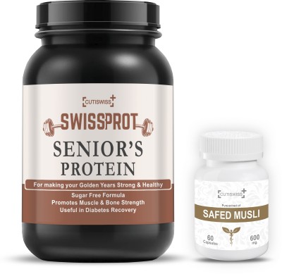 CUTISWISS Senior Protein|Powder for Elders,40+ & Old Age Men & Women|1kg|With Safed Musli EAA (Essential Amino Acids)(1 kg, 60 Capsules, Chocolate)