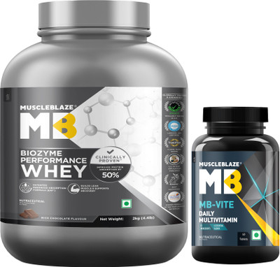 MUSCLEBLAZE Biozyme Performance Whey Protein Powder & MB-Vite Daily Multivitamin Whey Protein(2 kg, 60 No, Rich Chocolate, Unflavoured)