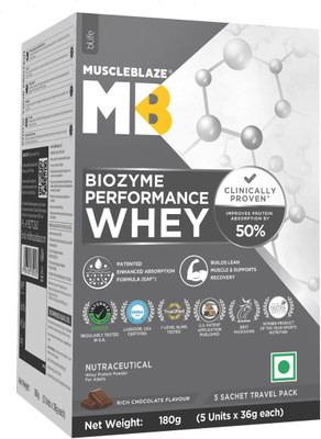 MUSCLEBLAZE Biozyme Performance, 5 Sachet Travel Pack (5x36g), 25g Protein Per Scoop Whey Protein(180 g, Rich Chocolate)
