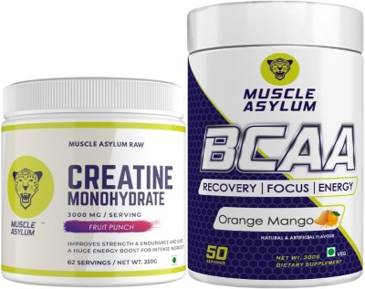 Muscle Asylum Creatine Powder - 250gm Fruit Punch & Bcaa Powder Orange mango 300g (Pack Of 2) Creatine(550 g, Orange Mango, Fruit Punch)