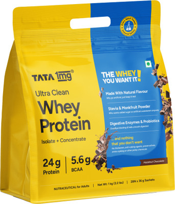 TATA 1mg Ultra Clean Whey Protein Isolate + Concentrate|24g Protein|Lab-Tested|28 sachets Whey Protein(1 kg, Hazelnut Chocolate)