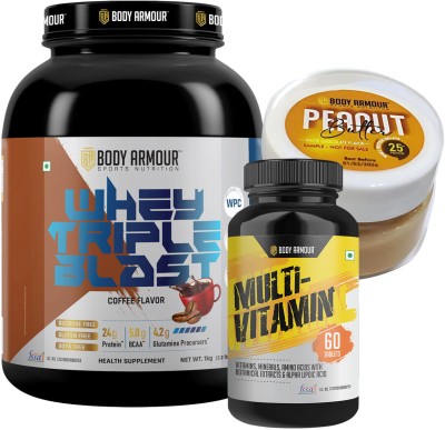 Bodyarmour Whey Triple Blast| Whey Hydrolised,Isolate ,Concentrate | Muscle & Bone Health Whey Protein(1 kg, Coffee)