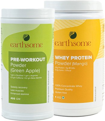 earthsome PRE-WORKOUT POWDER GREEN APPLE 400GM with WHEY PROTEIN Mango 1 Kg BCAA(400 g, 1 kg, Green Apple, Mango)