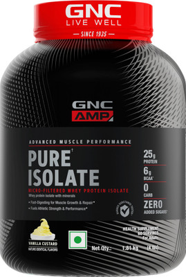 GNC AMP Pure Isolate Zero Carb | 25g Protein | 6g BCAA | Vanilla Custard |4lbs Whey Protein(4 pounds, Vanilla)