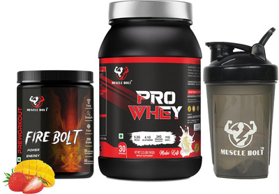 MUSCLEBOLT Pro Whey Protein with Shaker & Pre Workout Faster Muscle Support & Recovery Whey Protein(1 kg, Pro whey Malai Kulfi, 255g Pre Workout Mango Strawberry)