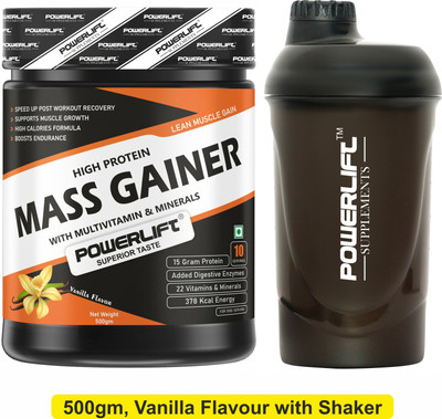 POWERLIFT Mass Gainer with Shaker High Protein with Vitamins & Minerals Weight Gainers/Mass Gainers(500 g, Vanilla)