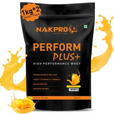 Nakpro PERFORM PLUS+|23g Protein 5.1g BCAA|2kgs (1kg *2 Nos) Mango Flavor (60 Servings) Whey Protein(2 kg, Mango)