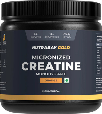 Nutrabay Gold Micronized Creatine Monohydrate, Pre/Post Workout, Flavoured Amino Acid Creatine(250 g, Orange)