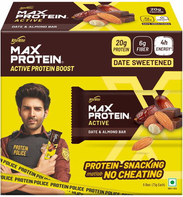 RiteBite Max Protein 20g Protein Bars, Pack of 6 | Naturally Sweetened with Dates | With 6g Fiber Protein Bars(450 g, Active Dates & Almond)