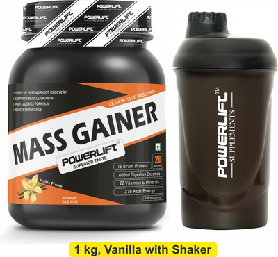 POWERLIFT for Muscle Mass Gain with Shaker, High Protein with Multivitamins Weight Gainers/Mass Gainers(1 kg, Vanilla)