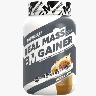 BIGMUSCLES NUTRITION Real Mass Gainer | High Protein Muscles Mass Gainer | Added BCAA, Glutamine Weight Gainers/Mass Gainers(1 kg, Cookie & Cream)