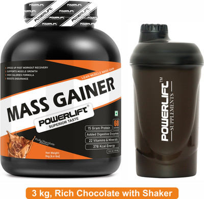 POWERLIFT for Muscle with Shaker Weight Gainers/Mass Gainers(3 kg, Rich Chocolate)