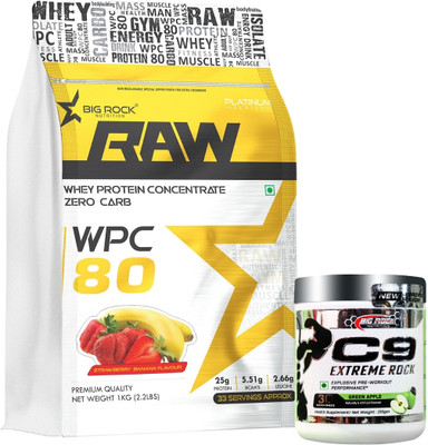 BIG ROCK NUTRITION Combo of C9 Pre-Workout and RAW WPC 80 Whey Protein(1.3 kg, STRAWBERRY BANANA & GREEN APPLE)