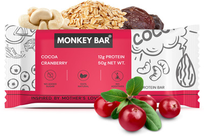 Monkey Bar Cocoa Cranberry - Pack of 8, 10 gm Protein, No Added Sugar, All Natural & Clean Protein Bars(8 No, Cocoa Cranberry X 8)