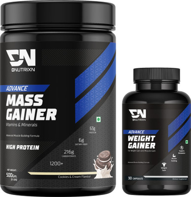 DNUTRIXN Advance Mass Gainer with High Protein &Calories |Digestive Enzyme, Multivitamin+ Weight Gainers/Mass Gainers(500 g, Cookies & Cream)