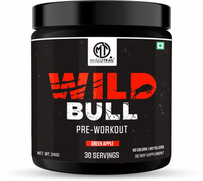 Muscle Trail Wild Bull |3.7g Beta Alanine |1.5g L-Taurine |200mg Caffeine Anhydrous | Pre Workout(240 g, Green Apple)