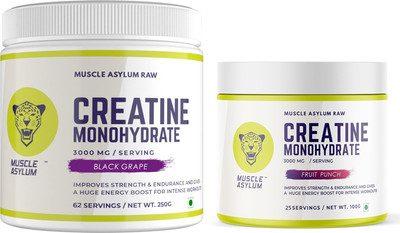 Muscle Asylum Creatine Monohydrate Powder - 250gm Black Grape & Fruit Punch 100g (Pack Of 2) Creatine(350 g, Black Grape, Fruit Punch)