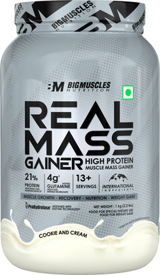 BIGMUSCLES NUTRITION Real Mass Gainer | High Protein Muscles Mass Gainer | Added BCAA, Glutamine Weight Gainers/Mass Gainers(1 kg, Cookie & Cream)