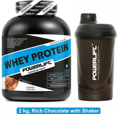 POWERLIFT Whey Protein Concentrate with Shaker 24g Protein, 5.2g BCAA with Enzyme Blend Whey Protein(2 kg, Rich Chocolate)
